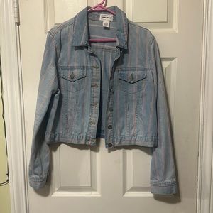 Light blue jean jacket with red vertical stripes